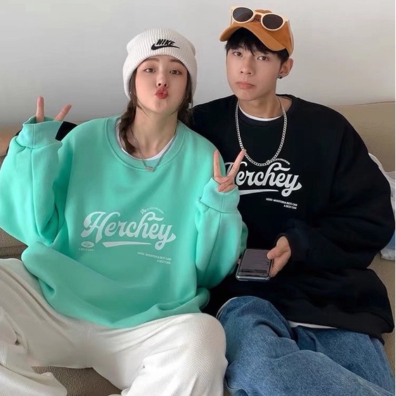 Áo Sweater cổ tròn lót nhung in chữ thời trang Hàn Quốc cho cặp đôi