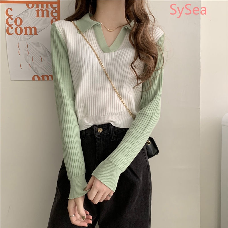 Áo sweater dài tay màu tương phản phong cách mùa thu Hàn Quốc cho nữ