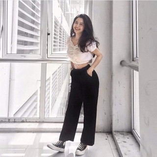 SET ÁO CROPTOP RÚT DÂY KIỂU DÁNG ÁO CROPTOP TAY BỒNG + QUẦN ỐNG RỘNG KIỂU DÁNG QUẦN CULLOTES ĐEN DÀI SIÊU HOT