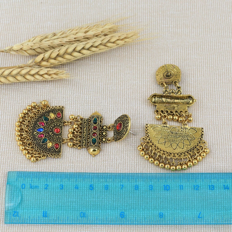 Bông Tai Dáng Dài Đính Đá Phối Tua Rua Phong Cách Ấn Độ