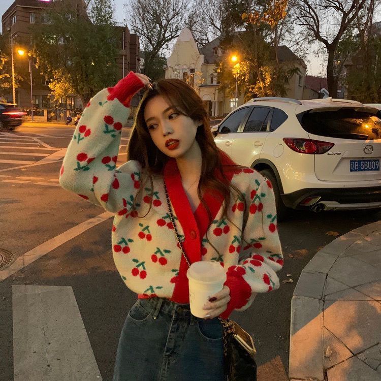 Áo Khoác Dệt Kim Tay Dài In Họa Tiết Cherry Phong Cách Hàn Quốc Thời Trang Mùa Thu Cho Nữ