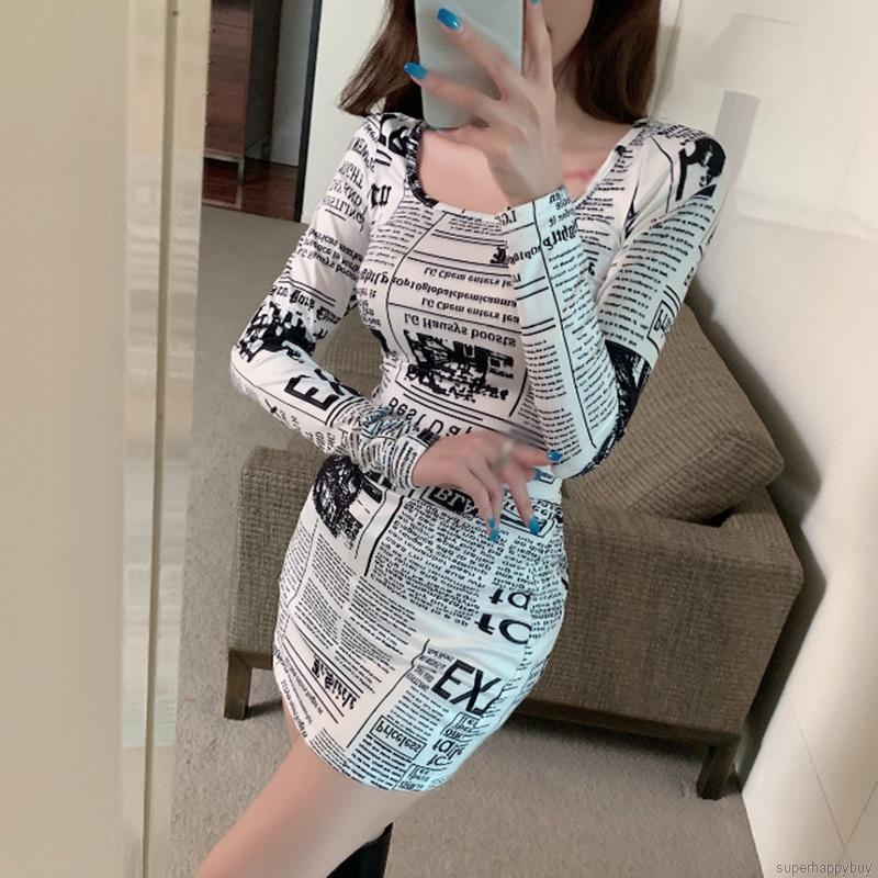 Đầm Ôm Dài Tay In Họa Tiết Báo Quyến Rũ Dành Cho Nữ