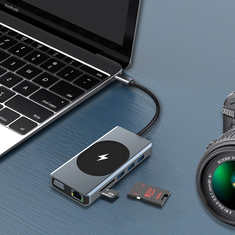 Hub Chuyển Đổi Type c Sang HDMI*2 4K VGA USB3.0 100W PD SD/TF2.0 RJ45 1000M 3.5mm Cho Macbook M1