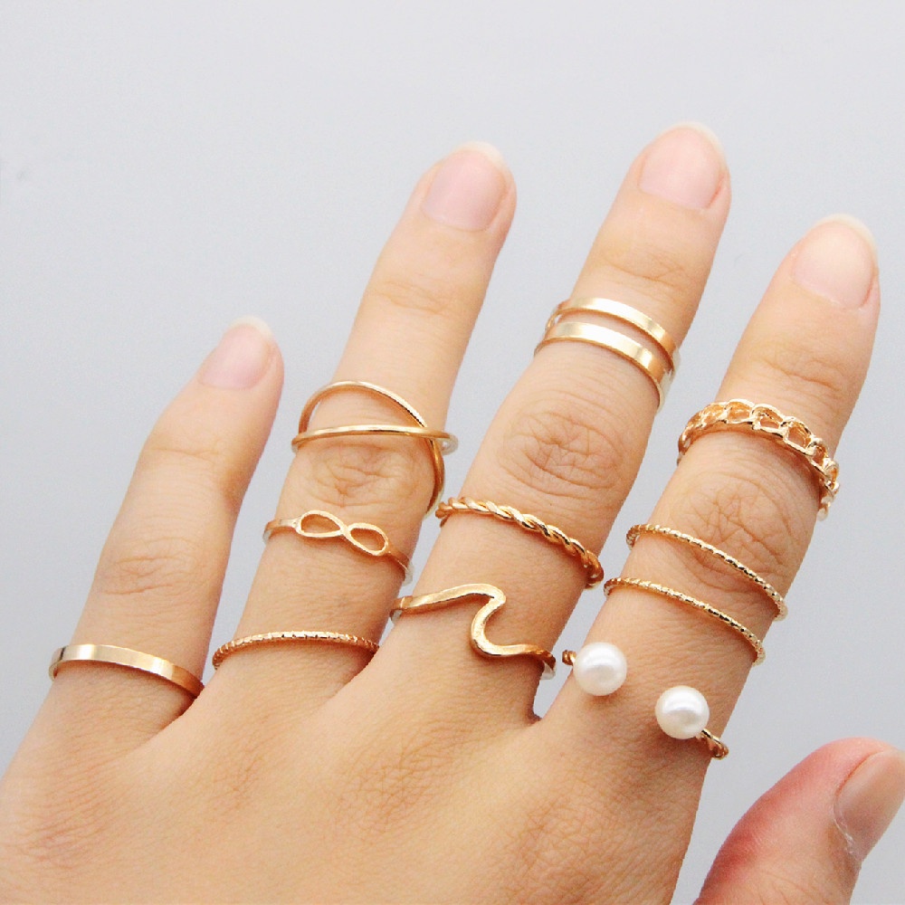 Set 10 Nhẫn Đeo Tay Kim Loại Đính Ngọc Trai Giả Thời Trang Nữ