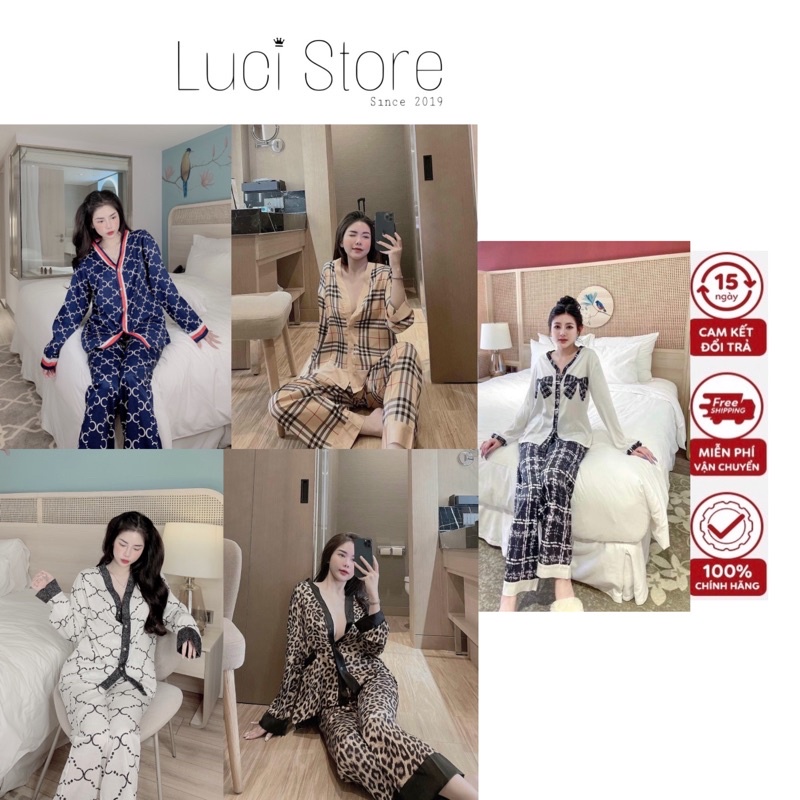 (Dưới 62kg) Đồ bộ pijama mặc nhà LỤA XƯỚC LỤA LATIN tay dài quần dài cổ lam/cổ chữ V thiết kế cao cấp cho bạn nữ