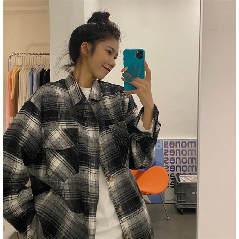 SUXI Áo Sơ Mi Nữ Ca Rô Dài Tay Cổ Bẻ Thời Trang Hàn