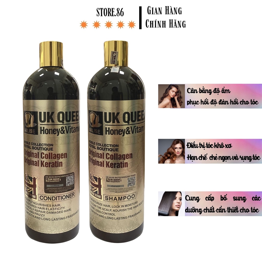 Dầu gội dầu xả UK QUEEN Hone&Vitamin phục hồi chống rụng tóc hương thơm nước hoa cặp 800ml hàng hiệu chính hãng