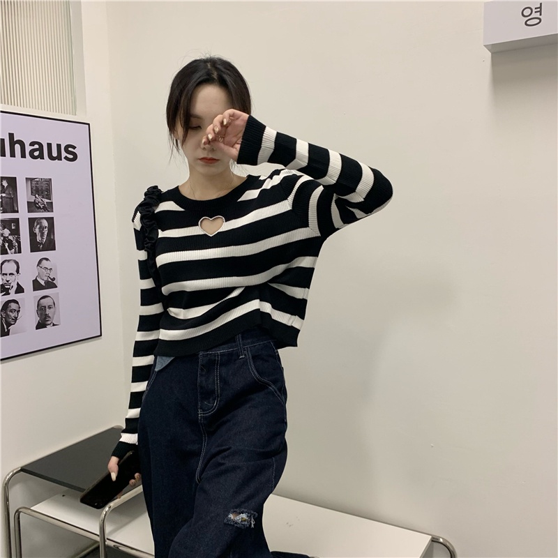 Áo kiểu ZHELIHANGFEI dệt kim tay dài ôm vừa vặn họa tiết kẻ sọc ngang thời trang