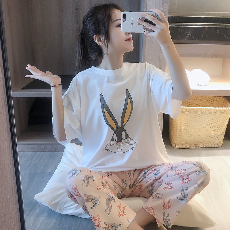 Set đồ ngủ gồm áo ngắn tay và quần dài chất liệu cotton họa tiết hoạt hình cho nữ