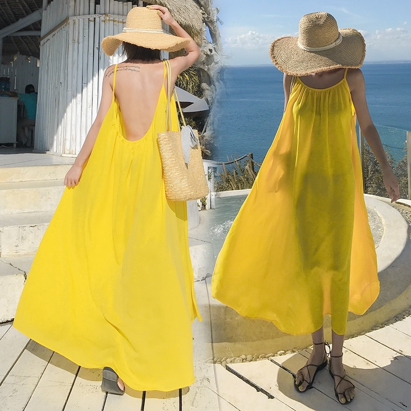 Đầm maxi vàng hở lưng siêu đẹp