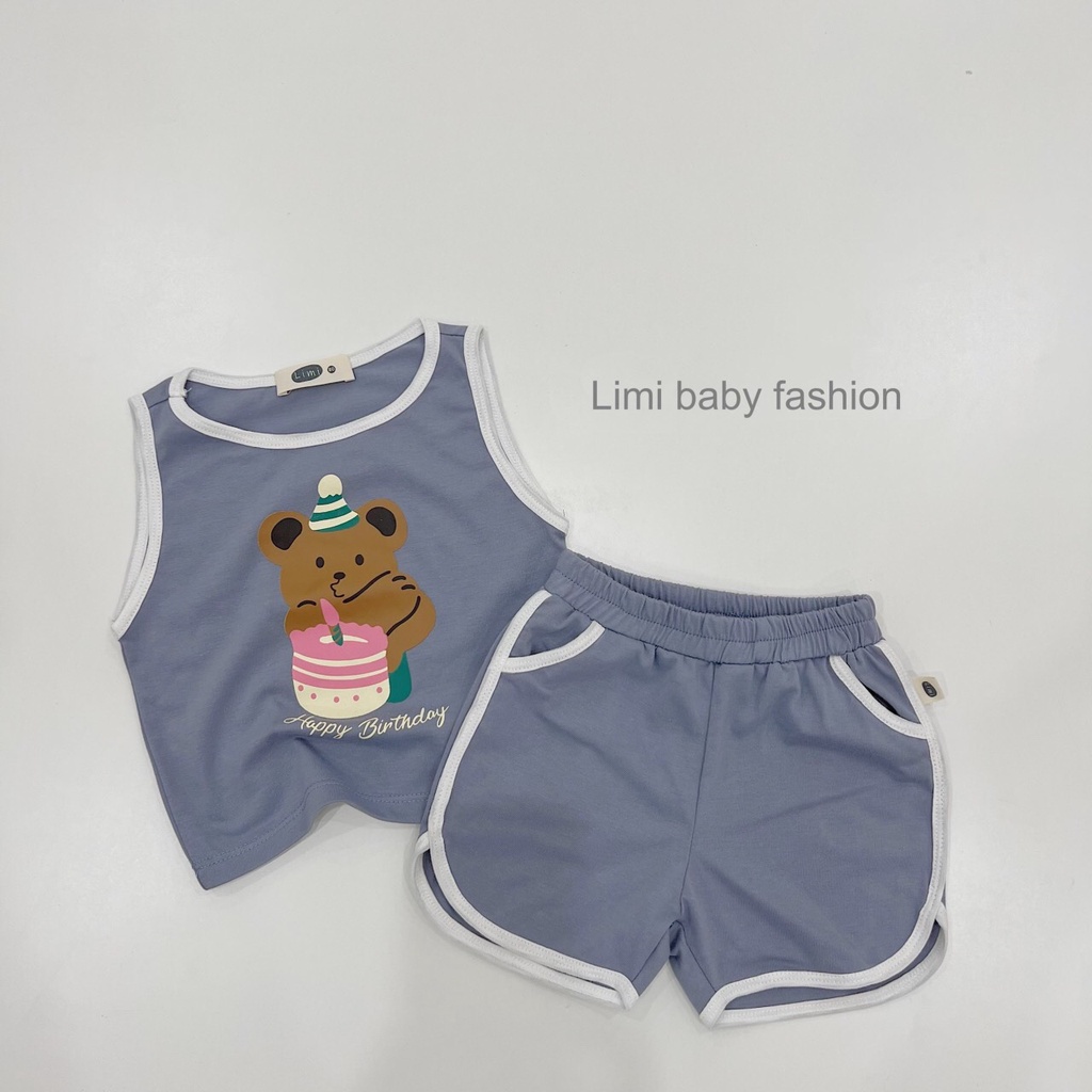 Bộ ba lỗ bé trai hoạ tiết gấu dễ thương, áo khoét nách mát mẻ cho bé, bộ không tay cho bé