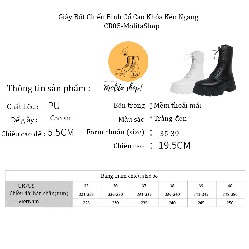 Giày Boot Nữ Cổ Cao 15cm Kéo Khoá Boot Chiến Binh Đế Cao 5.5Cm Giá Rẻ Ulzzang Cá Tính  BOT02-Molita