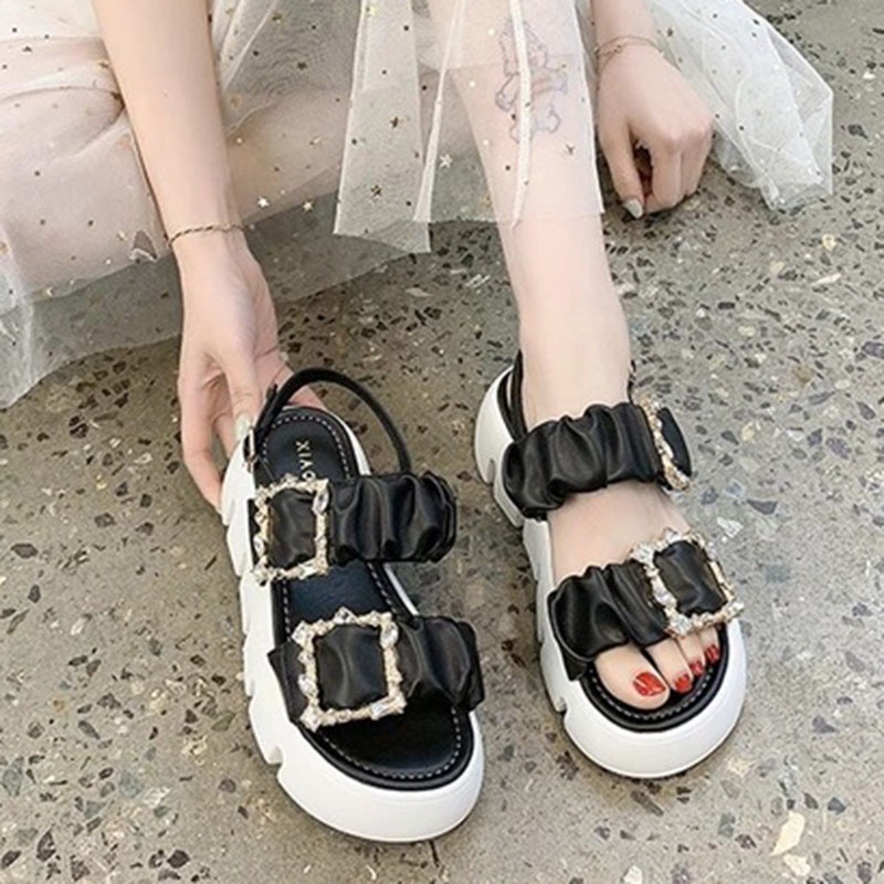 Giày sandal IELGY đế xuồng khóa vuông đính đá sang trọng cho nữ