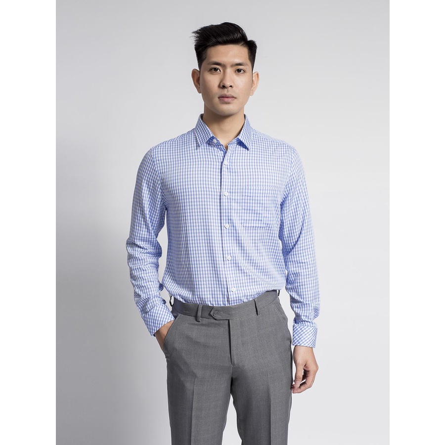 Áo sơ mi nam dài tay RRISTINO ALS62308 kẻ trắng xanh nhạt, dáng reguler fit, chất modal sợi sồi, tà lượn