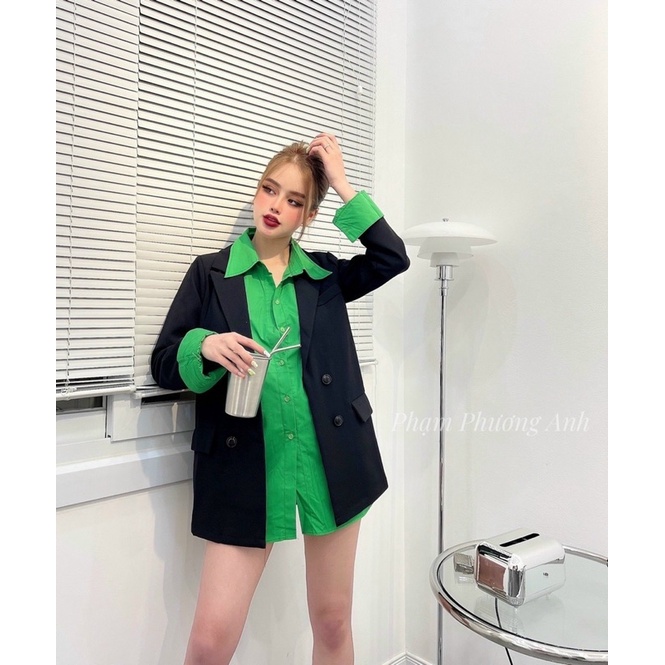 Set Áo Vest Đen kèm Sơ mi màu Xanh Hồng Loại 1
