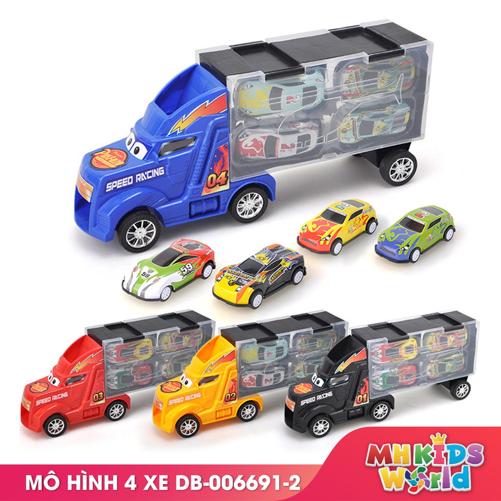 Bộ mô hình xe tải chứa 4 xe đua hợp kim 6691 cho bé lứa tuổi 3+ xe hợp kim và nhựa ABS an toàn chắc chắn