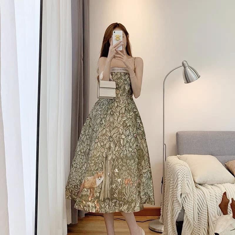 Váy hai dây hoạ tiết dáng suông