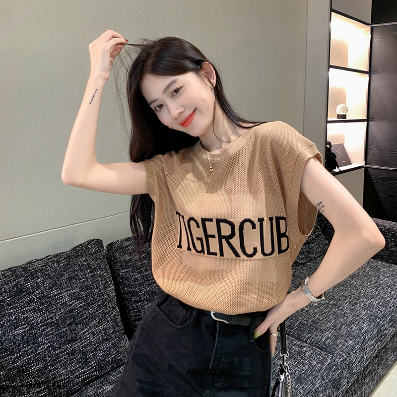 Porozi  Áo sát nách  dệt kim dáng rộng in họa tiết chữ cái phong cách Hàn Quốc thời trang dành cho nữ