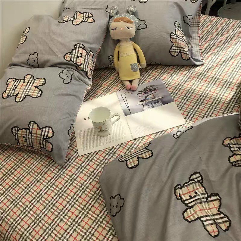 Bộ chăn ga gối Cotton poly M2T bedding Gấu xám BBR, vỏ chăn mền, drap nệm và 2 vỏ gối