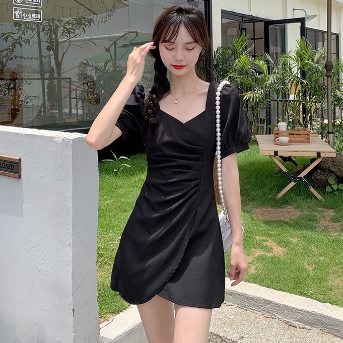 Đầm Cổ Vuông Tay Ngắn Phồng Xếp Ly Kiểu Pháp Thời Trang Mùa Hè Mới Cho Nữ