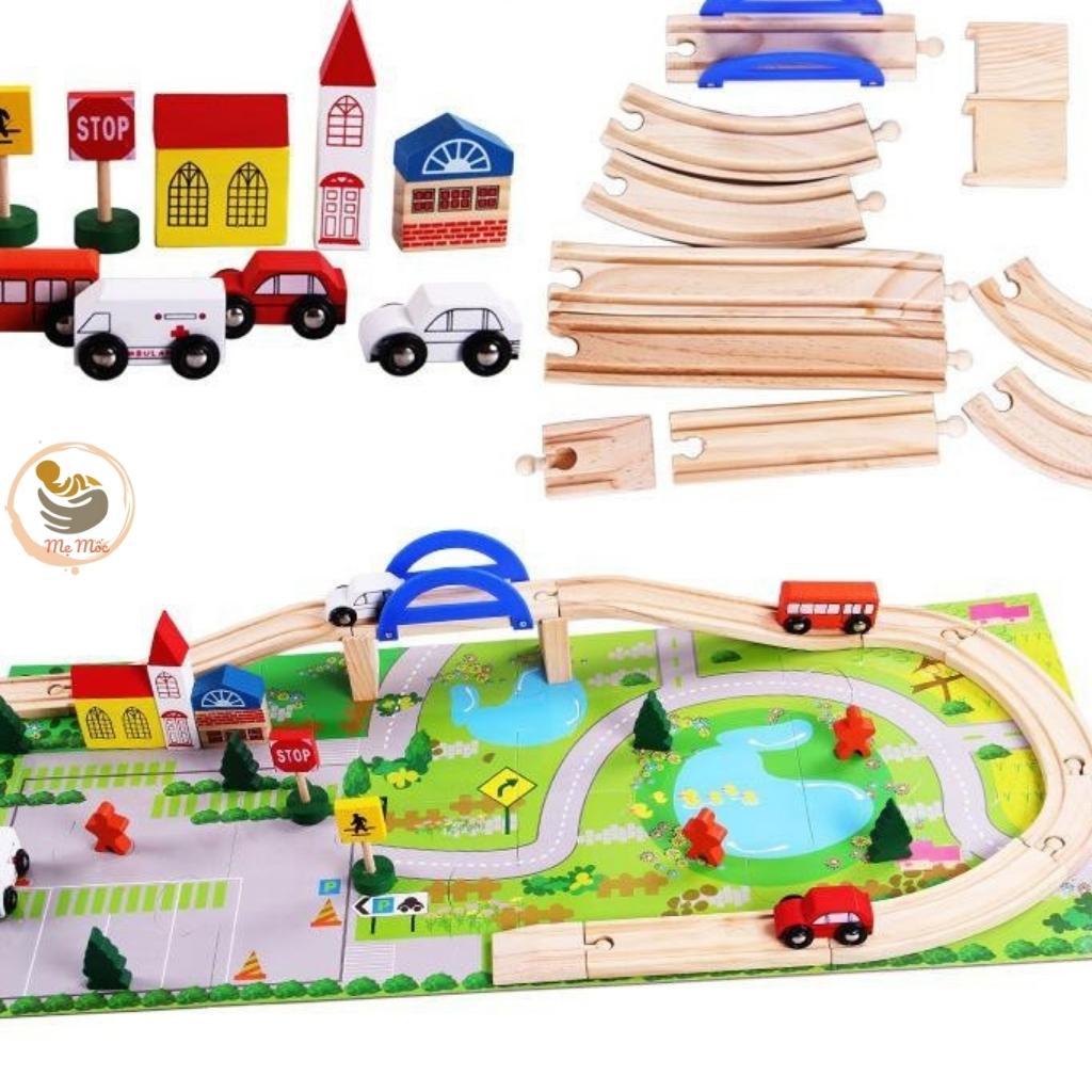 Bộ Mô Hình Giao Thông Gỗ Rail Overpass, Đồ Chơi Đường Ray Cầu Vượt Kèm 4 Ô Tô Cho Bé, Shop Mẹ Mốc