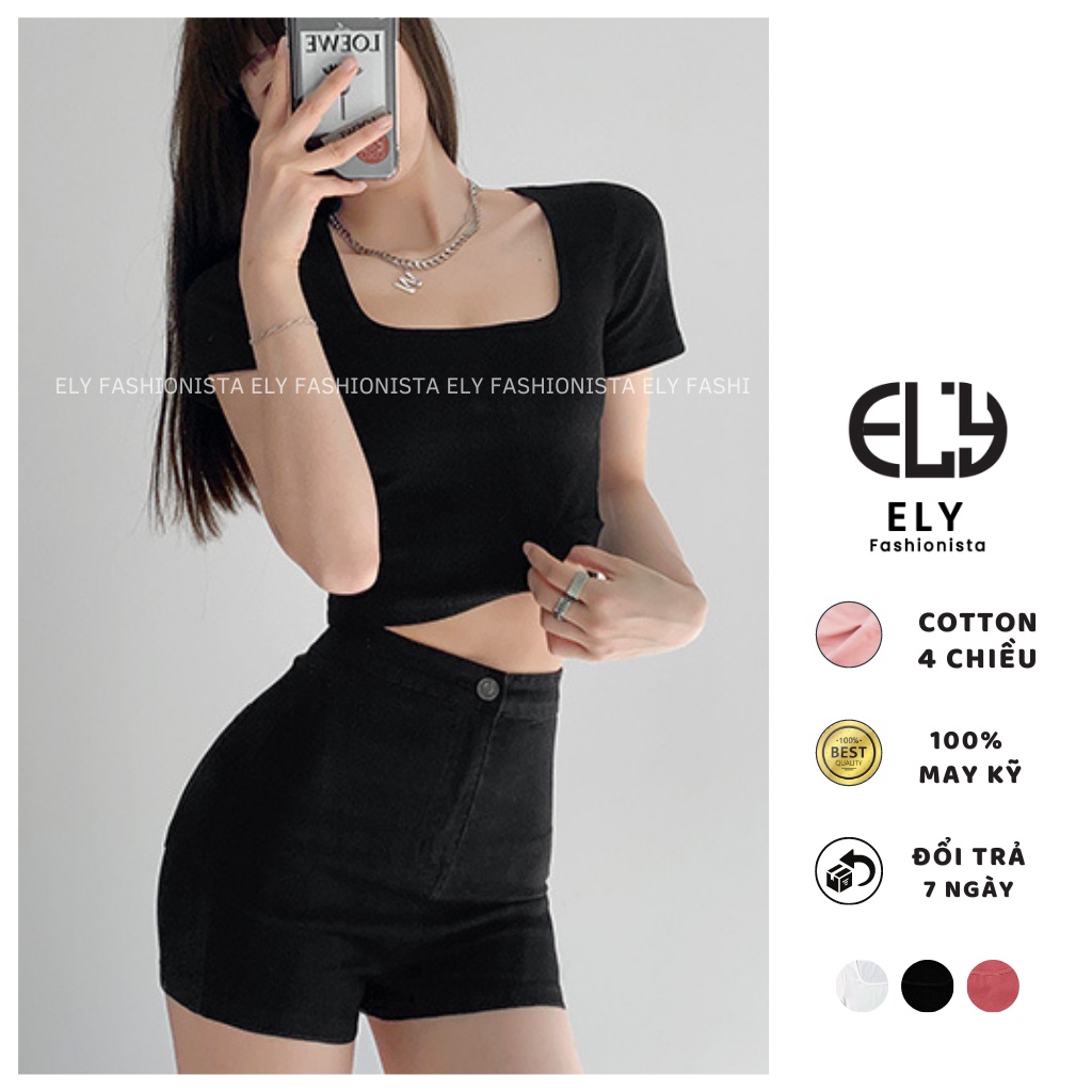Áo croptop cổ vuông nữ ELY  thun ôm body tanktop 3 lỗ cộc tay cao cấp nhiều màu đen trắng tím nâu hồngELY218