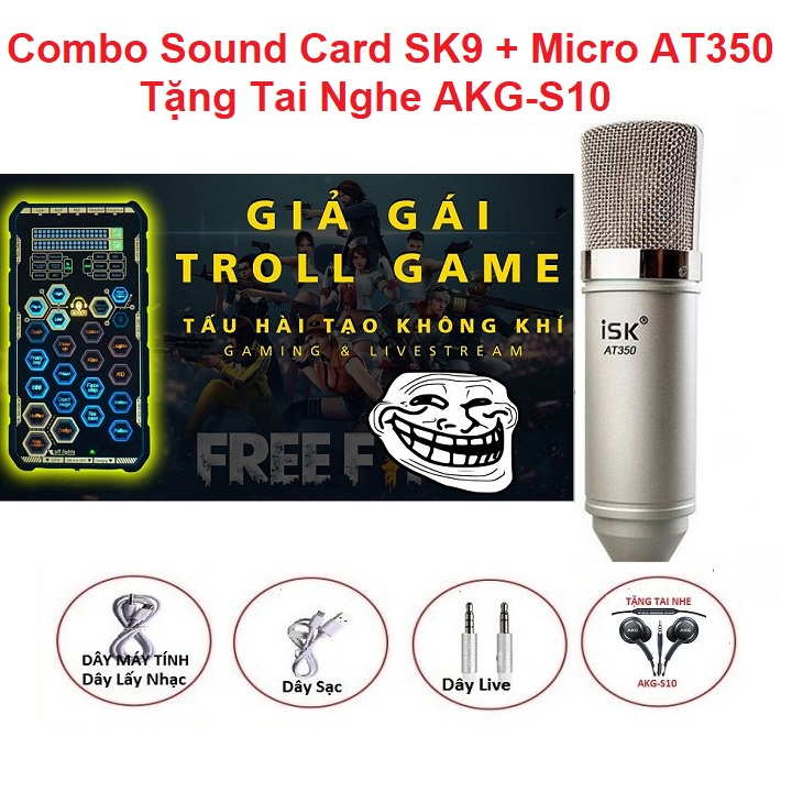 Bộ Sound Card SK9, Tặng Tai Nghe AKG-S10 - Micro AT350 - Chuyên Hát Karaoke Livestream - Đầy Đủ Dây Thu Âm