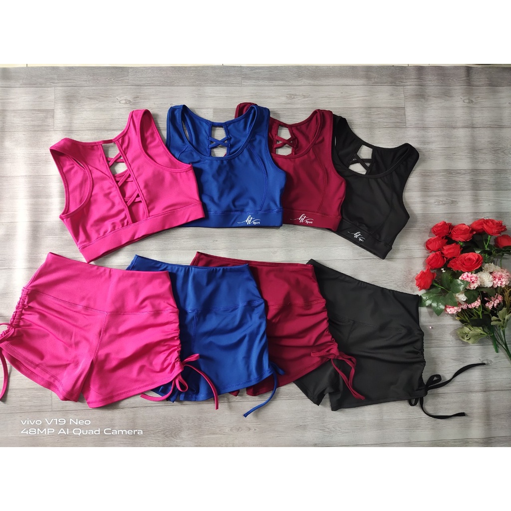 Quần áo tập gym, yoga, aerobic - Bộ tập aerobic nữ quần đùi rút dây , chất mát co giãn 4 chiều(bộ sooc bra)