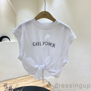 DRE-Ladies Summer Loose Sleeveless T-shirt, Women Leisure Style Letter Printing Round Collar Front Tie Up Short Tops