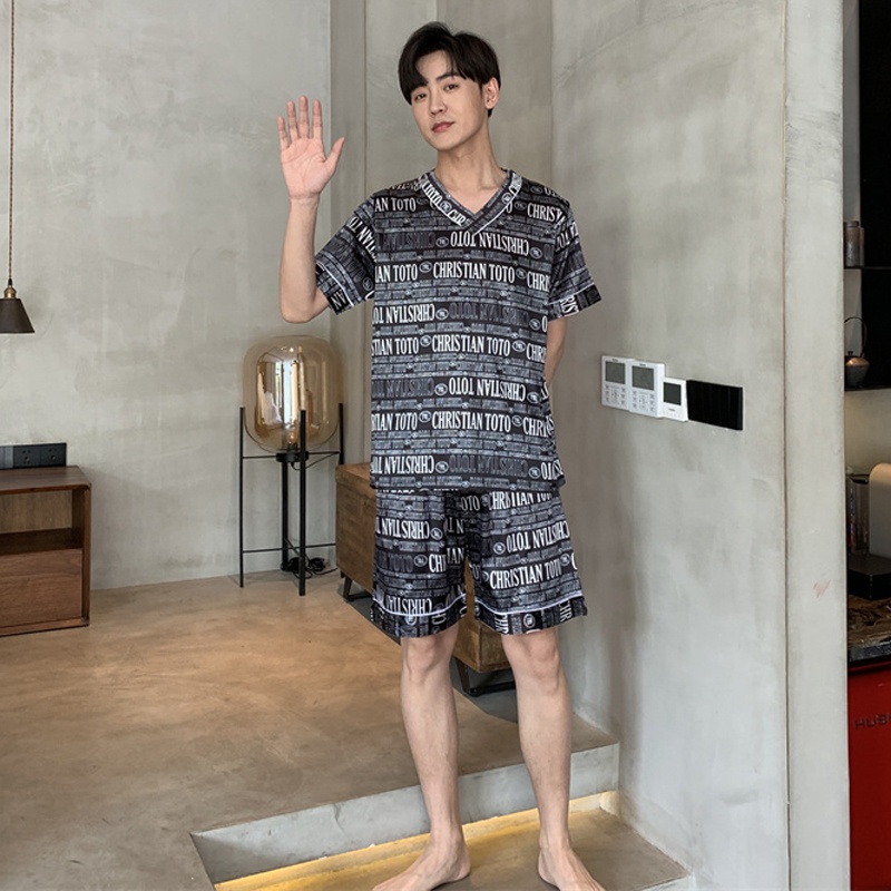 Bộ Đồ Ngủ Tay Ngắn Chất Lụa Satin Dáng Rộng Thời Trang Hàn Quốc Cho Nam Size L-7XL luyoo28