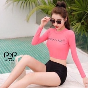 P2P BIKINI - Đồ bơi tay dài cổ tròn croptop, quần cạp cao hai lớp - HN350