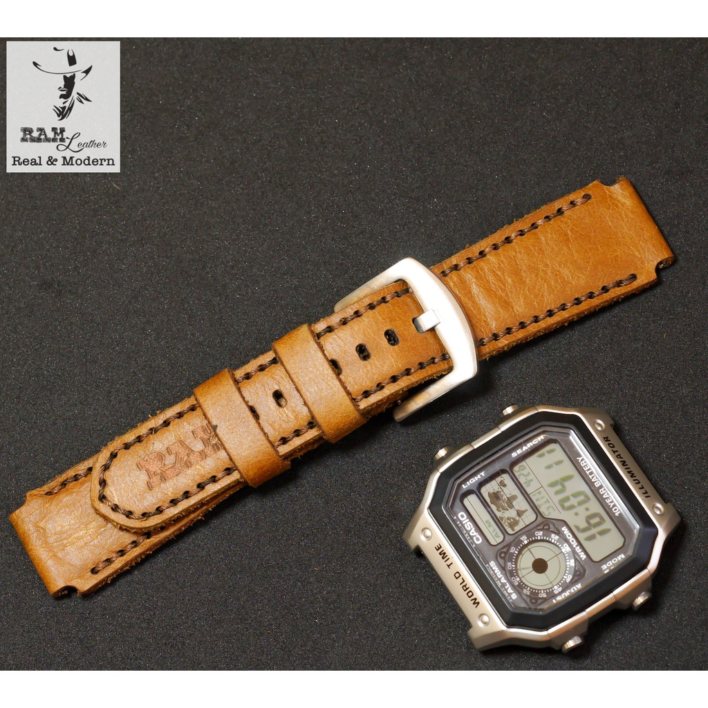 Dây đồng hồ RAM Leather 1989 cho CASIO 1200, AE 1200, 1300, 1100, A159 , A168 , Size 18 da bê vàng nâu