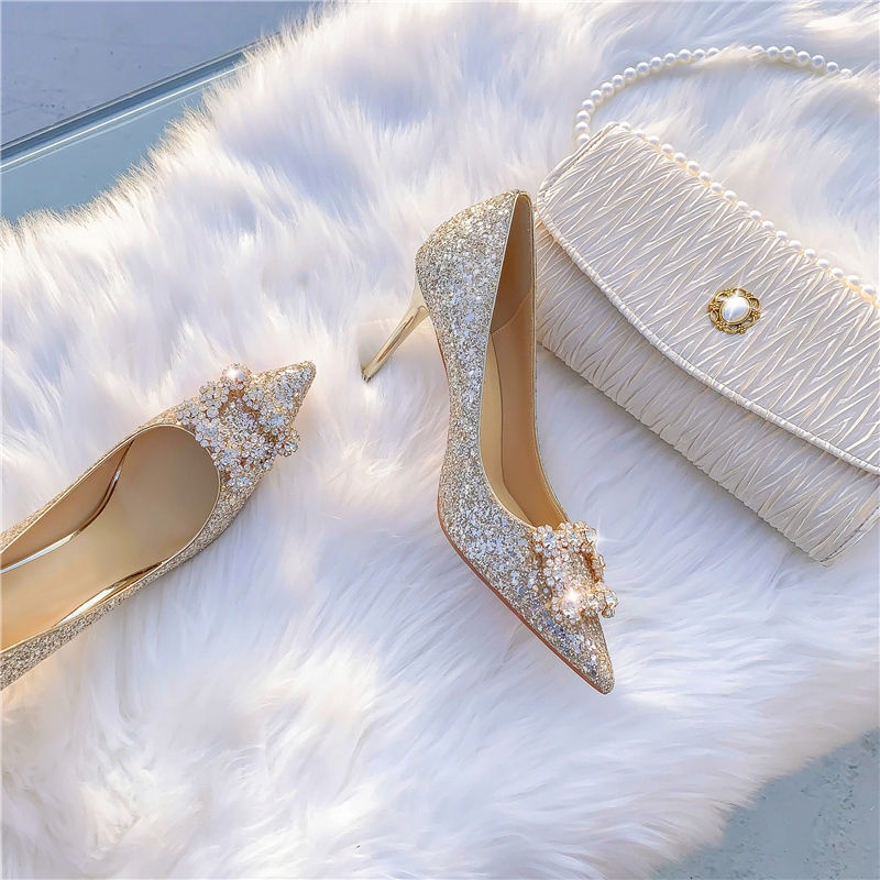 Giày Cao Gót Ánh Bạc Đính Kim Sa Lấp Lánh Thời Trang Mới 2021 Cho Phù Dâu