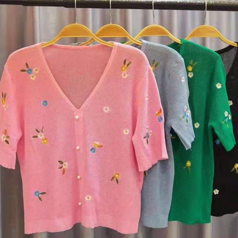Áo Cardigan Tay Ngắn Cổ Chữ V Dáng Rộng Thêu Hoa Phong Cách Hàn Quốc Thời Trang Mùa Hè Mới 2021 | BigBuy360 - bigbuy360.vn