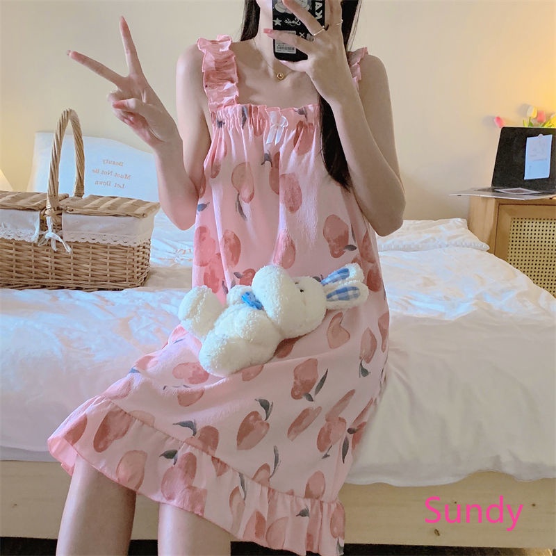 Đầm Ngủ Hai Dây In Họa Tiết Dễ Thương Phong Cách Hàn Quốc Thời Trang Mùa Hè Cho Nữ