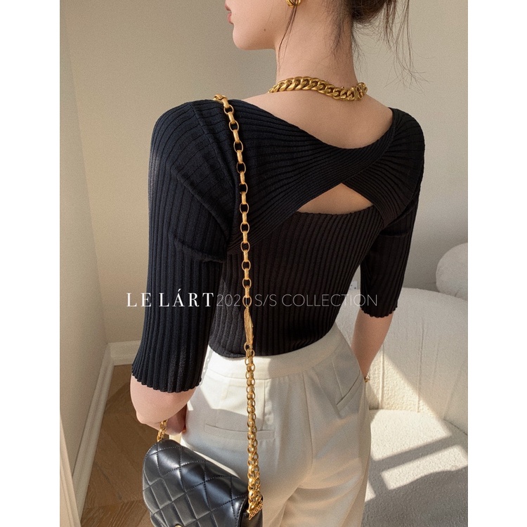 Áo Thun Dệt Kim Tay Ngắn Cổ Tròn Thiết Kế Đan Chéo Quyến Rũ