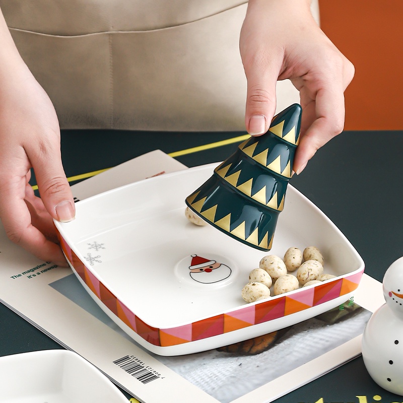 Set đĩa tráng miệng, đĩa thức ăn, cốc gia đình gốm hình tuần lộc, ông già Noel, cây thông Giáng sinh dễ thương mớ