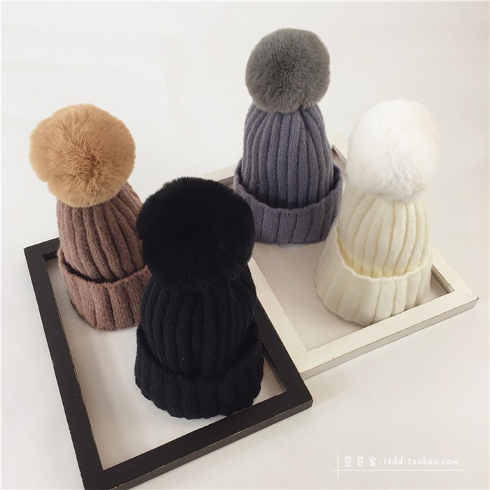 Mũ Len Dệt Kim Màu Trơn Đính Quả Bông Phong Cách Thời Trang Hàn Quốc