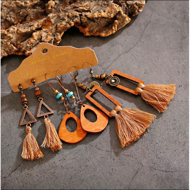 Combo 3 đôi bông tai boho màu nâu cam giá rẻ