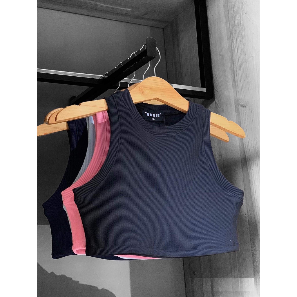 Anniegals - Áo thun cổ tròn tay dài ngắn croptop - Ribbed Halter Croptop