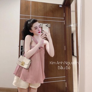 Set yếm xoắn lụa hồng quan kem