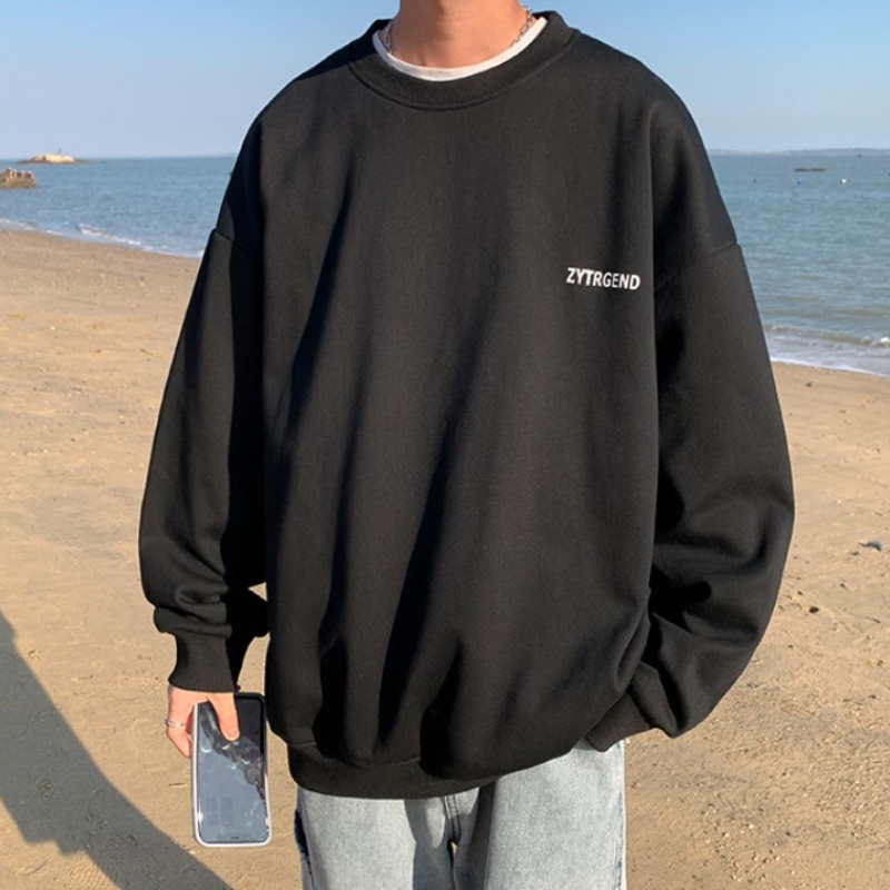 Áo sweater chui đầu tay dài cổ tròn dáng rộng in chữ màu trơn phong cách Hàn Quốc cỡ M-5XL cho nam