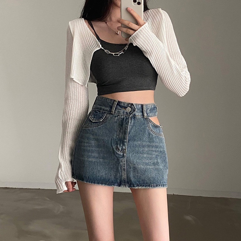 Áo Khoác Cardigan Chống Nắng Tay Dài Dáng Ôm Phối Dây Xích Phong Cách Hàn Quốc Thời Trang Mùa Hè Cho Nữ