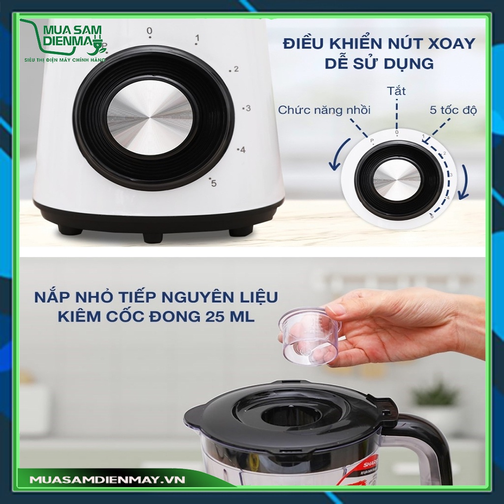 Máy xay sinh tố cầm tay mini công nghiệp đa năng 1.5 lít Sharp EM-S155PV-WH chính hãng xay thịt hạt khô gia vị ngũ cốc
