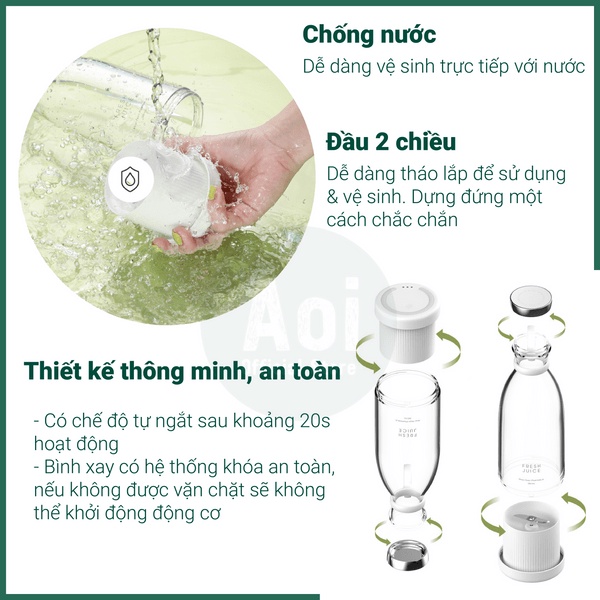 Bình Xay Sinh Tố Aoi Fresh Sạc Không Dây Tiện Lợi 350ml - Xay Hoa Quả, Rau, Đá Viên - Aoi Official Store