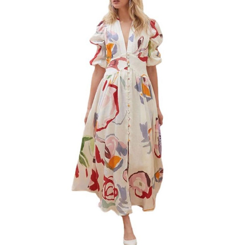 Đầm maxi tay ngắn phồng cổ chữ V cài nút họa tiết hoa phong cách boho quyến rũ cho nữ