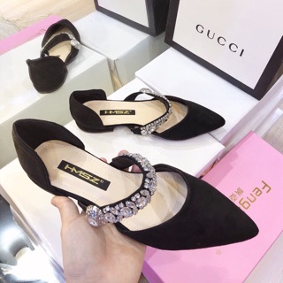 Sandal bệt quai đá quai ngang mũi nhọn cao cấp full box, Giày bệt nữ mũi nhọn quai đá cao cấp