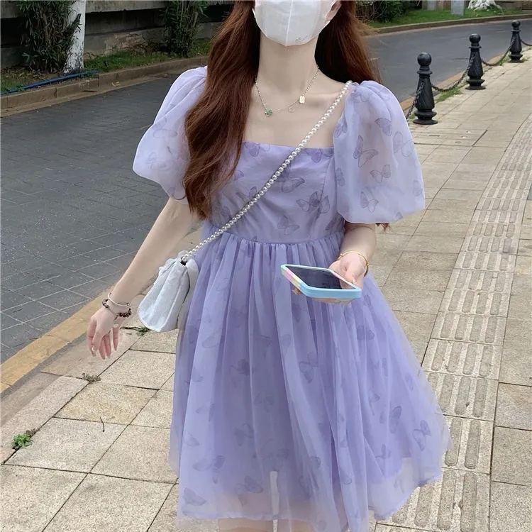 Đầm chiffon ZHELIHANGFEI tay phồng cổ vuông họa tiết bướm xinh xắn