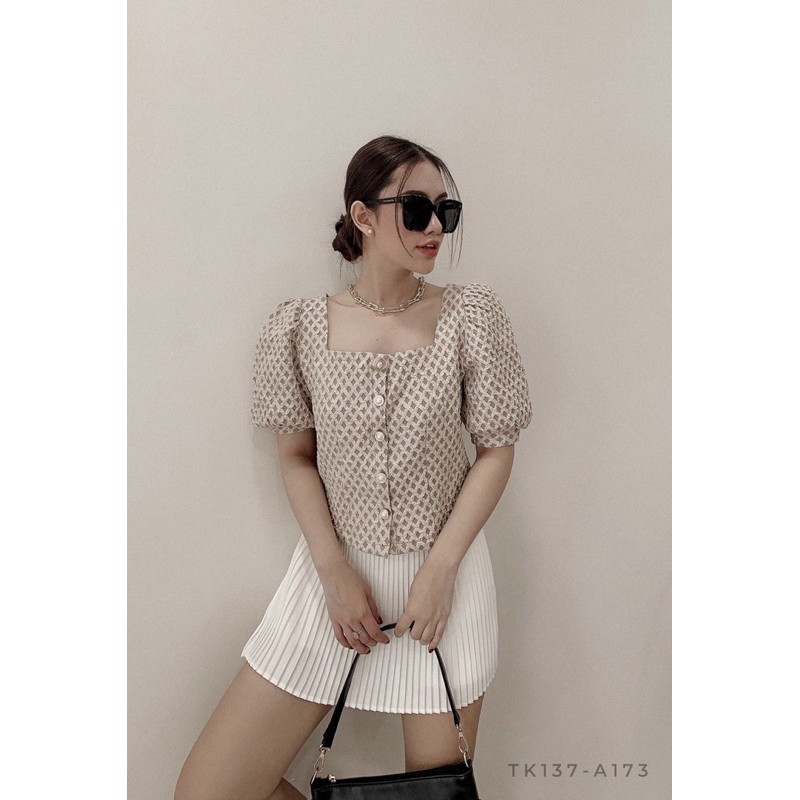 KÈM CLIP❤Áo Cổ Vuông Tay Phồng Nude xb