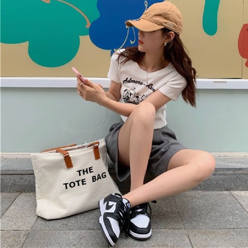 Túi xách vải canvas sức chứa lớn có khóa kéo thời trang phong cách Hàn Quốc dành cho nữ